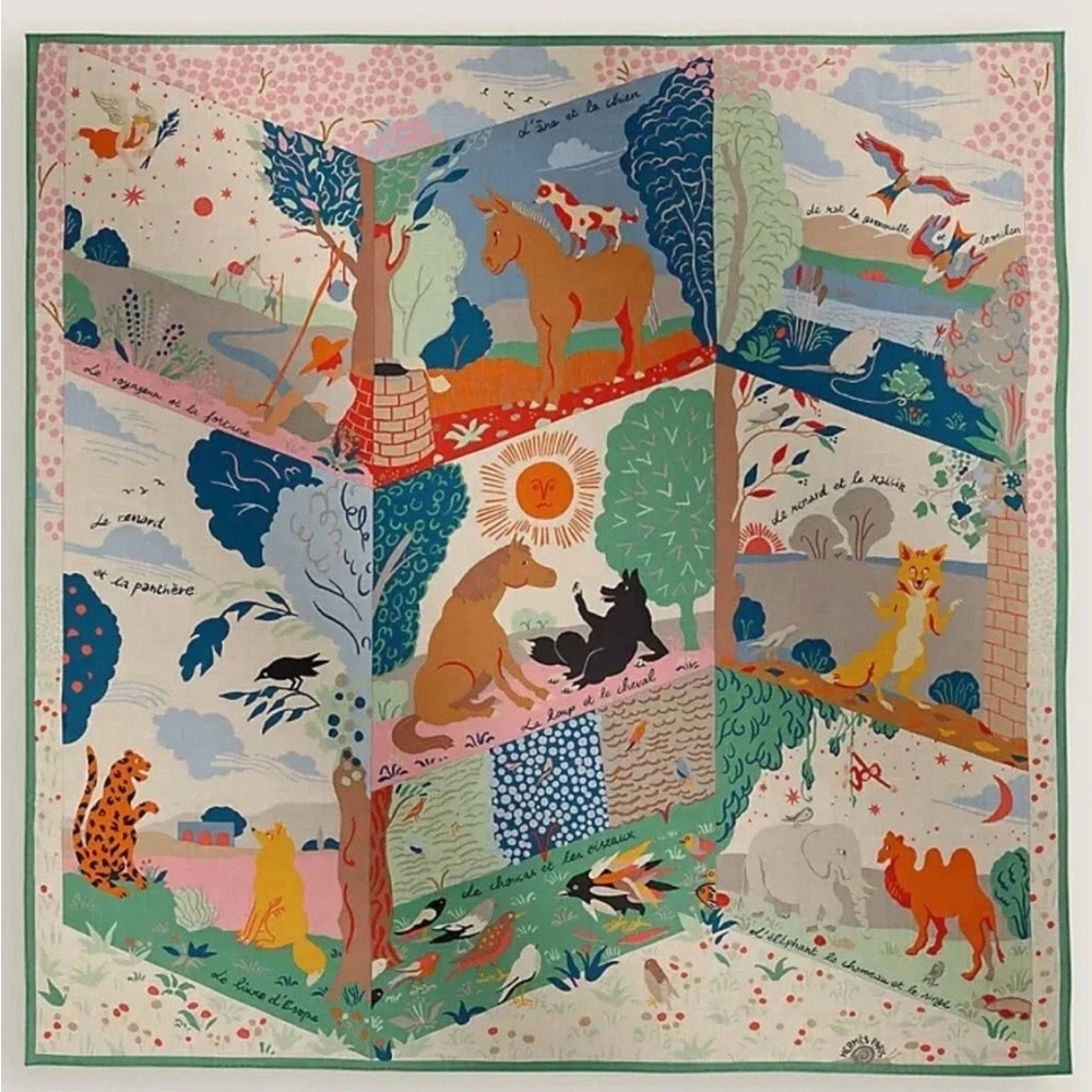 NEW in Box HERMÈS Naturel/Vert/Rose Le Livre d'Esope Cashmere Shawl 140 Scarf